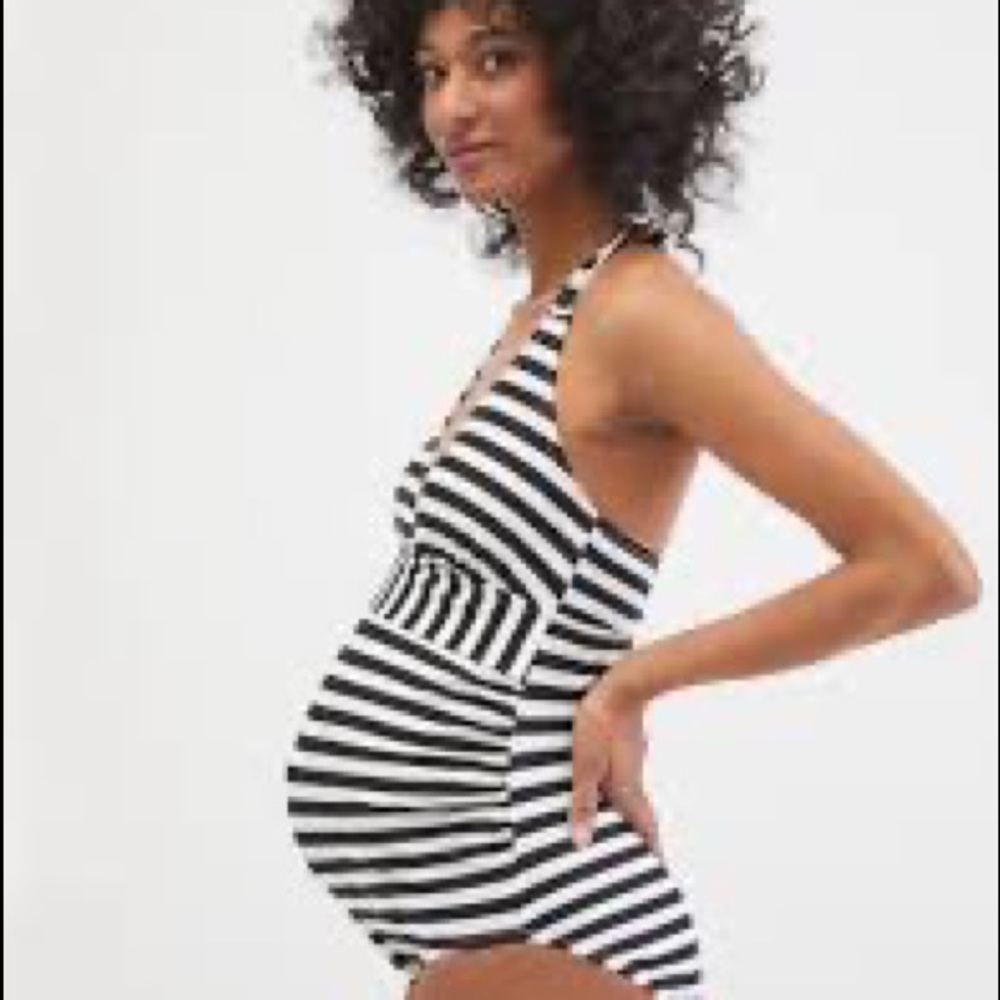 Motherhood Maternity Beach Bump NWT One Piece Swimsuit Black White Stripe Halter - Picture 13 of 14